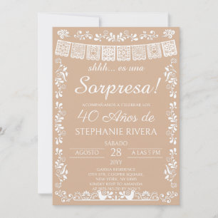 Beige Papel Picado Surprise 40th Birthday Inv Invitation