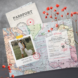 Beige Passport Destination Map Wedding Invitation