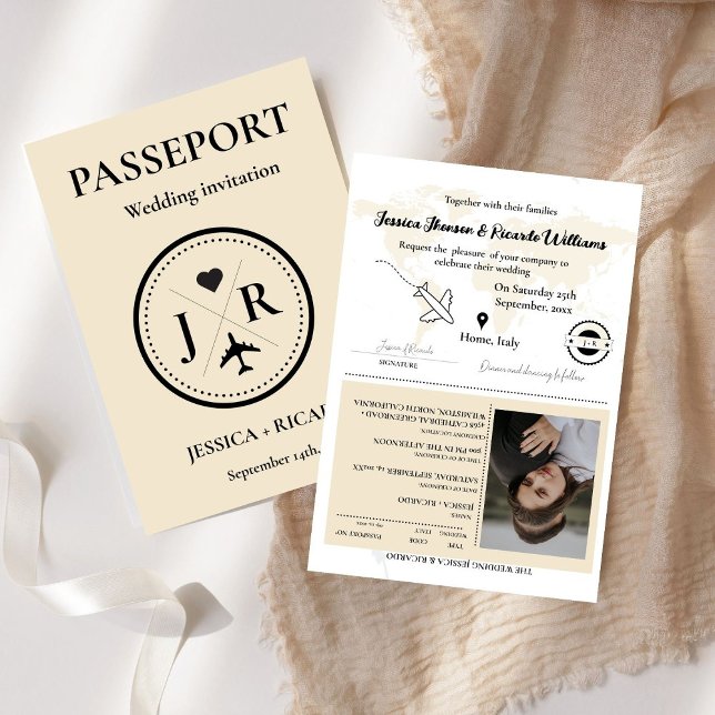 Beige passport  Monogram Wedding invitation (Creator Uploaded)