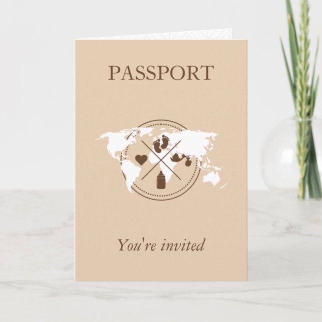 Beige Passport Travel Girl Baby Shower World Map Invitation (Front)