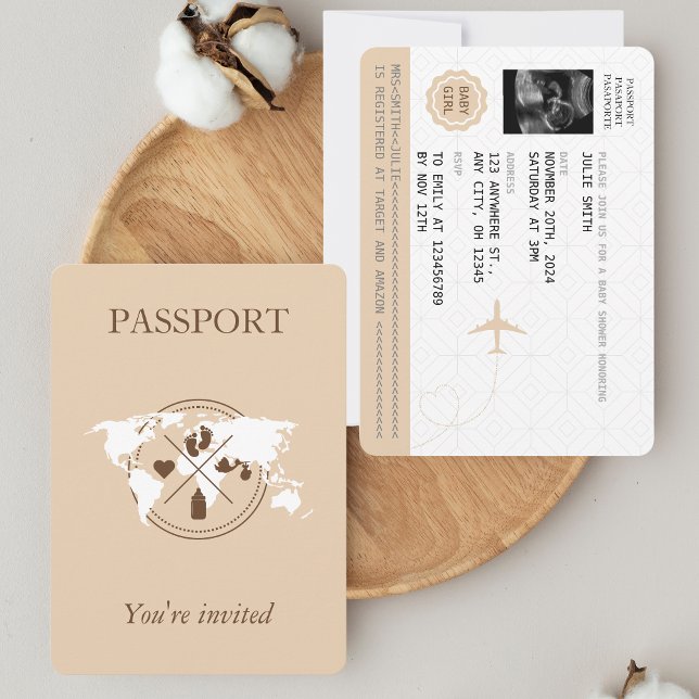 Beige Passport Travel Girl Baby Shower World Map Invitation (Creator Uploaded)