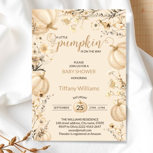 Beige Pastel Watercolor Pumpkin fall wild flowers Invitation (Rustic Pumpkin Baby Shower Invitation | Neutral Fall Floral Autumn Theme)