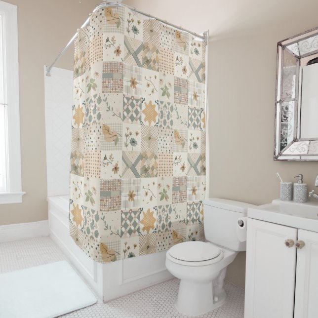 Beige Patchwork Quilt Rustic Floral Retro  Shower Curtain (In Situ)