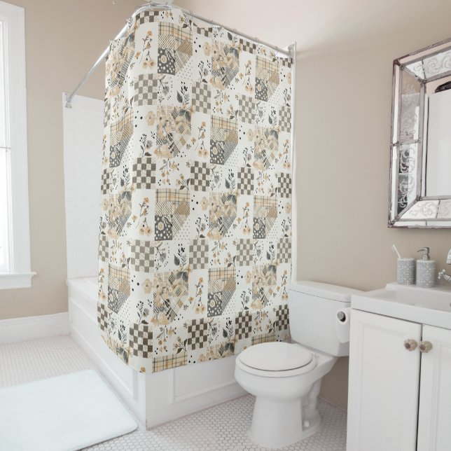 Beige Patchwork Quilt Rustic Floral Retro  Shower Curtain (In Situ)