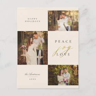 Beige Peace Joy Love Typography 3 Photo Collage Holiday Postcard