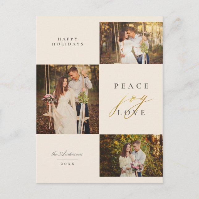 Beige Peace Joy Love Typography 3 Photo Collage Holiday Postcard (Front)