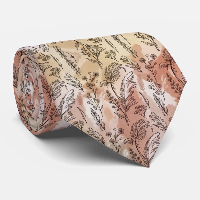 Beige Peach Botanical Sketch  Tie (Rolled)