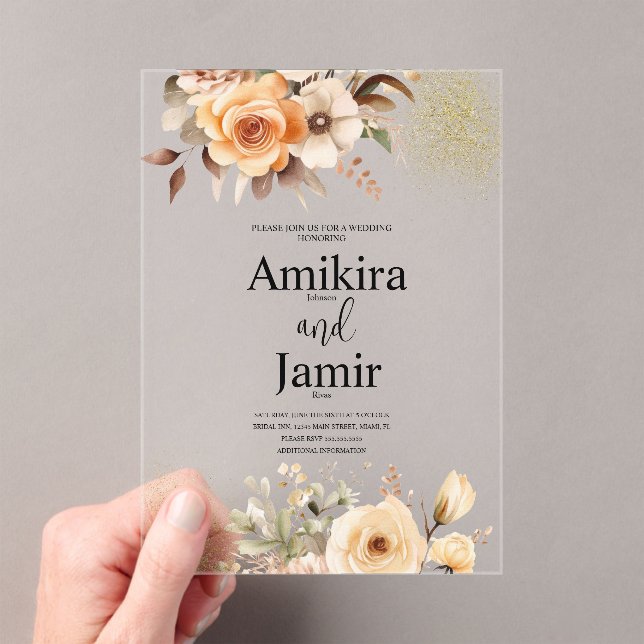 Beige Peach Dreamy Watercolor Floral Wedding Acrylic Invitations (Insitu (Handheld))
