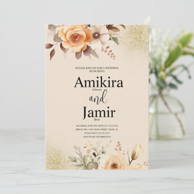 Beige Peach Dreamy Watercolor Floral Wedding Invitation (Standing Front)