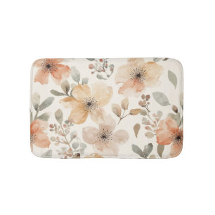 Beige Peach Floral Watercolor Botanical Pattern Bath Mat