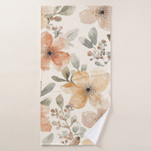 Beige Peach Floral Watercolor Botanical Pattern Bath Towel