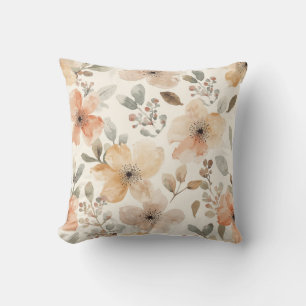 Beige Peach Floral Watercolor Botanical Pattern Cushion