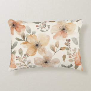 Beige Peach Floral Watercolor Botanical Pattern Decorative Cushion