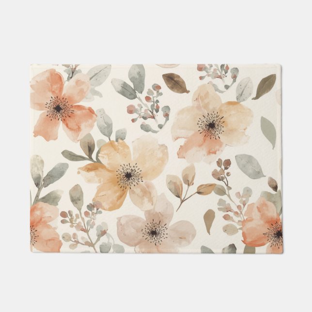 Beige Peach Floral Watercolor Botanical Pattern Doormat (Front)