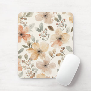 Beige Peach Floral Watercolor Botanical Pattern Mouse Mat