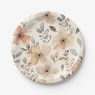 Beige Peach Floral Watercolor Botanical Pattern Paper Plate