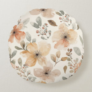 Beige Peach Floral Watercolor Botanical Pattern Round Cushion