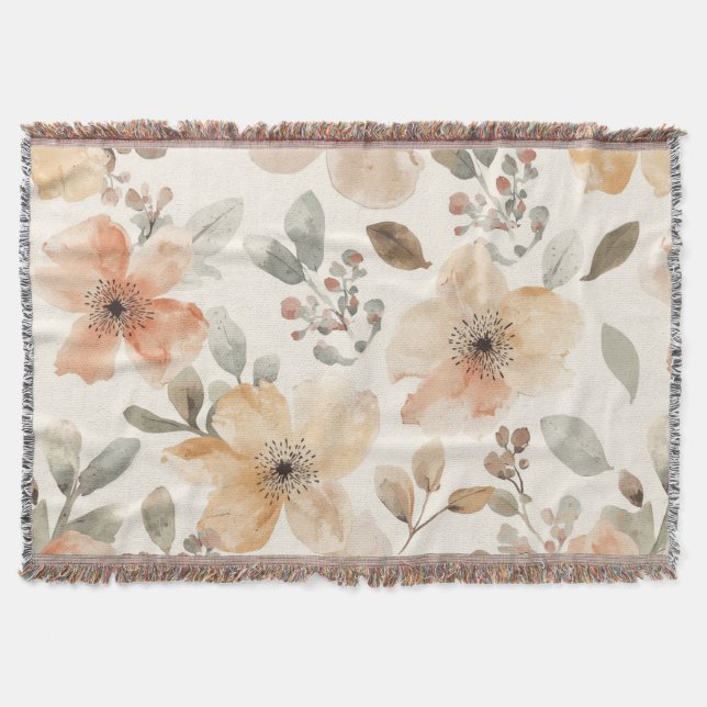 Beige Peach Floral Watercolor Botanical Pattern Throw Blanket (Front)