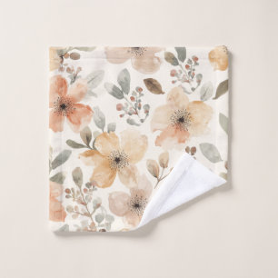 Beige Peach Floral Watercolor Botanical Pattern Wash Cloth