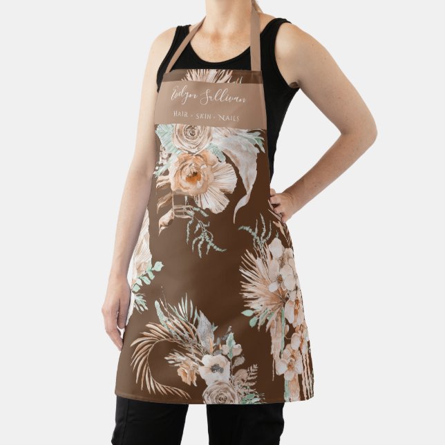 Beige Peach Mint Tropical Bouquets on Brown Apron (Insitu)