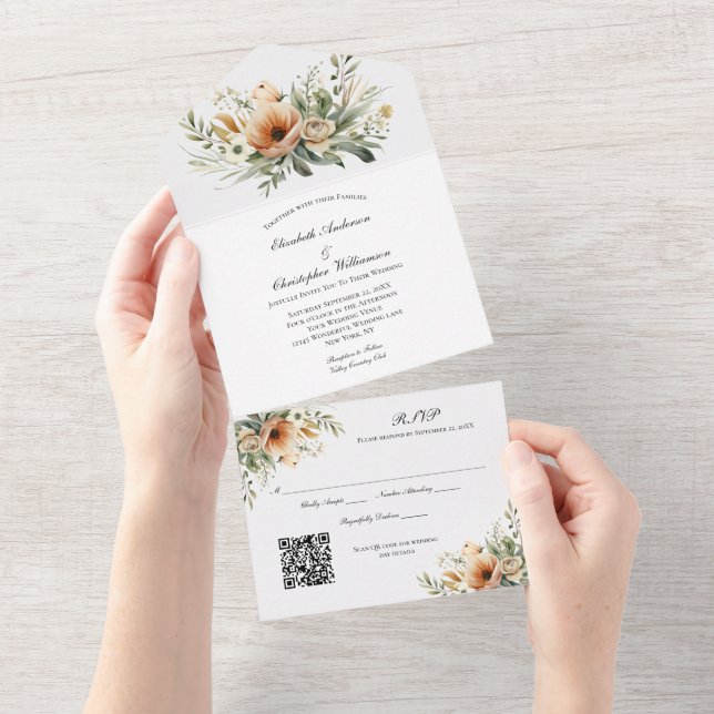 Beige Peach Neutral Floral QR code Wedding  All In One Invitation (Tearaway)