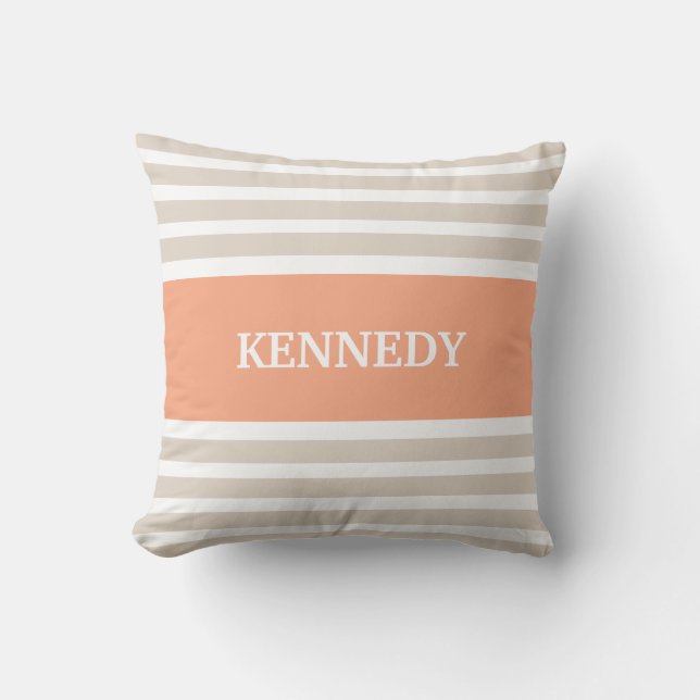 Beige Peach Stripes Monogram Cushion (Front)