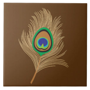 Beige Peacock Feather on Chocolate Brown Tile