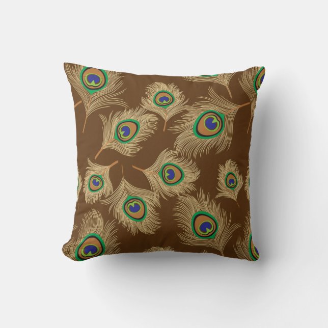 Beige Peacock Feathers on Chocolate Brown Cushion (Front)