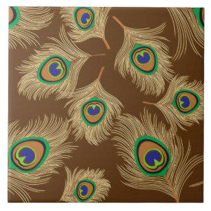 Beige Peacock Feathers on Chocolate Brown Tile