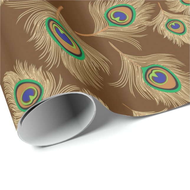 Beige Peacock Feathers on Chocolate Brown Wrapping Paper (Roll Corner)