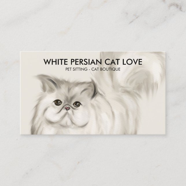 Beige Persian Cat Illustration Watercolor Business Card (Front)