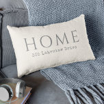 Beige Personalised Home Typography with Address Lumbar Cushion<br><div class="desc">Personalise your living space with this unique custom design featuring the word "HOME" in large lovely typeface. Beneath this text is a text template for personalising with your street address. This pillow is shown in a neutral light beige with grey text, a versatile colour scheme that works well with many...</div>