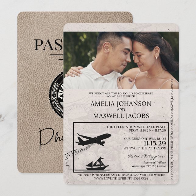Beige Philippines Passport Wedding Invitation (Front/Back)