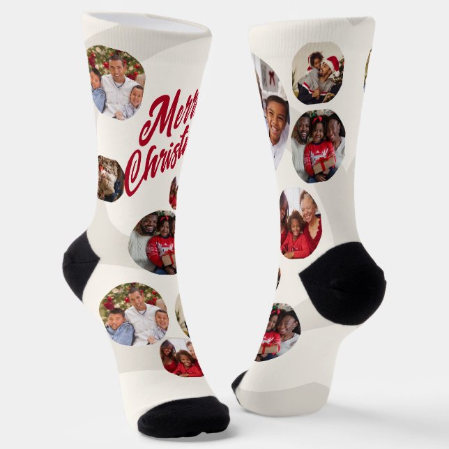 Beige Photo Collage Christmas Socks (Angled)