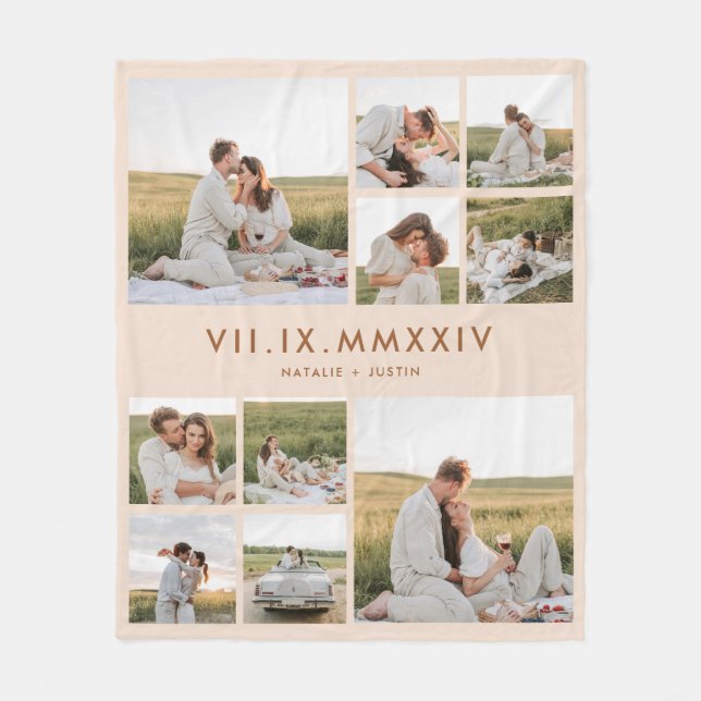 Beige Photo Collage Wedding Anniversary Date Fleece Blanket (Front)