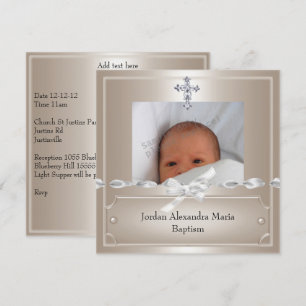 Beige Photo Frame Jewel Cross Baptism Invitation