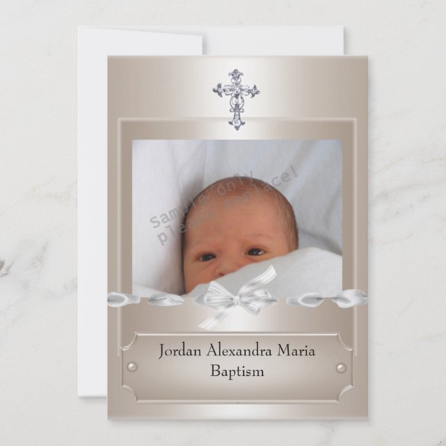 Beige Photo Frame Jewel Cross Baptism long Invitation (Front)