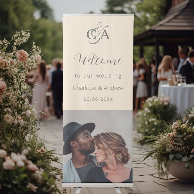 Beige photo monogram welcome wedding retractable banner (Creator Uploaded)