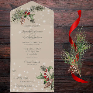 Beige Pine & Holly in Snow  All In One Invitation