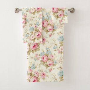 Beige Pink Blue Floral Watercolor Shabby Chic  Bath Towel Set