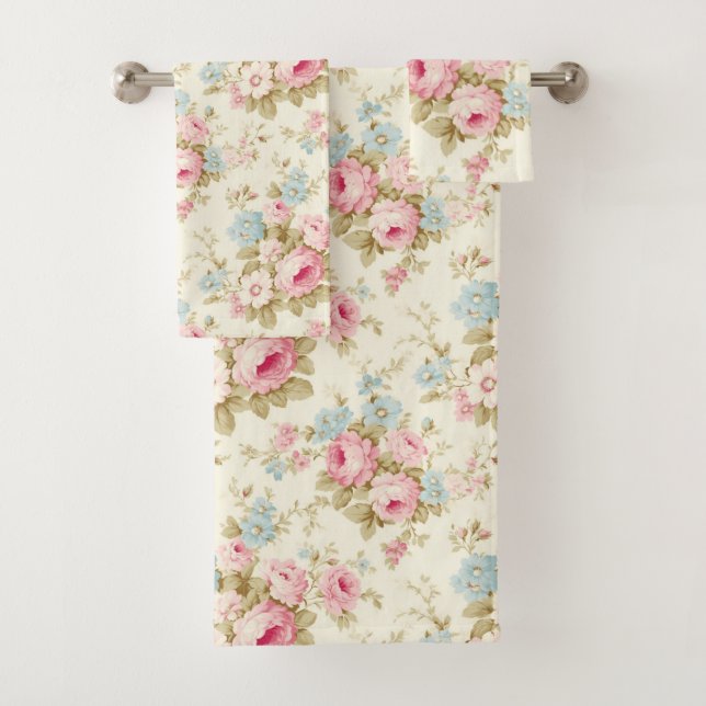 Beige Pink Blue Floral Watercolor Shabby Chic  Bath Towel Set (Insitu)