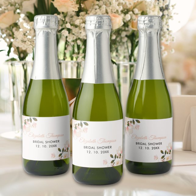 Beige Pink Floral Pattern Bridal Shower Sparkling Wine Label (Creator Uploaded)