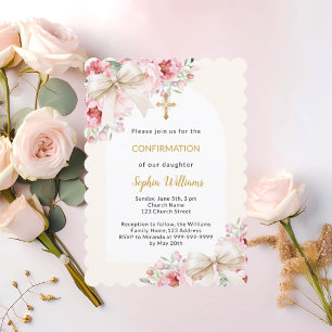 Beige pink florals bow arch Confirmation Invitation