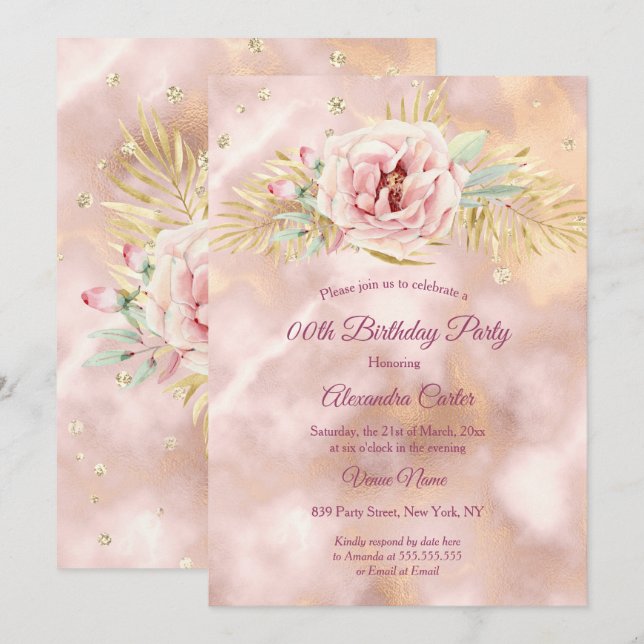 Beige Pink Flower marble glitter Birthday Party Invitation (Front/Back)