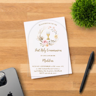 beige pink flowers First Communion Acrylic Invitations