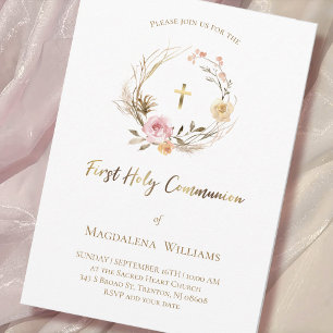 beige pink flowers   First Holy Communion Invitation