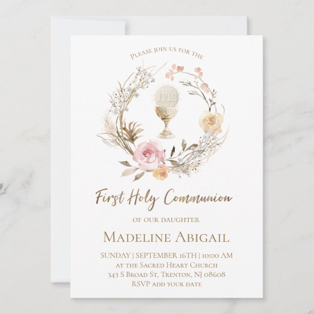 beige pink flowers wreath First Communion Invitation (Front)