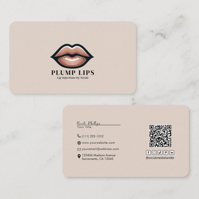 Beige Pink Lips Lip Social Media Connection QR  Business Card (Front/Back)