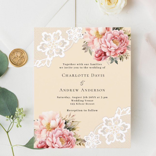 Beige pink rose floral lace wedding invitation (Creator Uploaded)