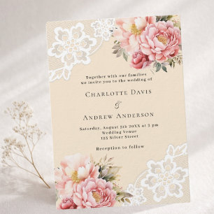 Beige pink rose gold florals lace premium wedding invitation